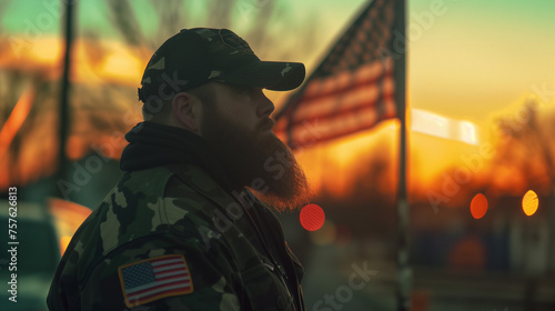 Patriotic Bearded American Man Wearing Camouflauge with American Flag photo