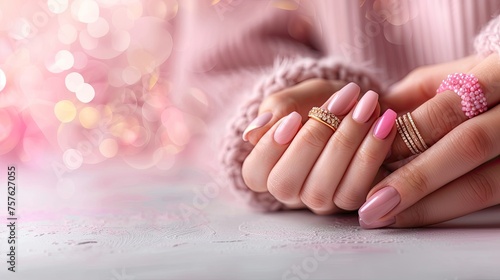 Female hands with pink manicure and gold rings on bokeh background, copy space