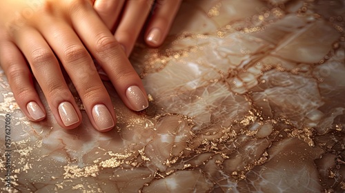 Beautiful female hands with glitter manicure and golden glitter nail design. photo