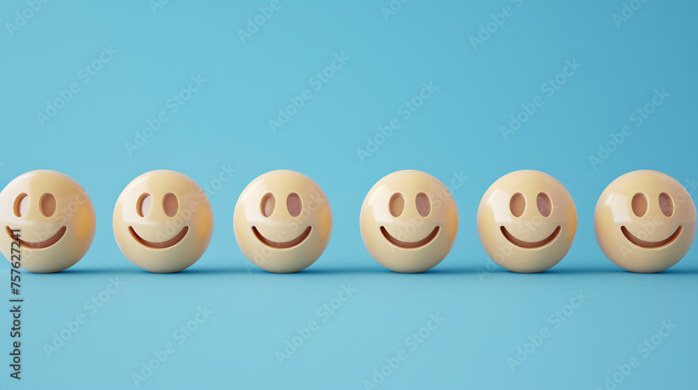 The image you’ve shared features a row of five beige, 3D smiley face emojis against a solid blue background. Each emoji has a big, friendly smile The image you’ve shared features a row of five beige, 3D smiley face emojis against a solid blue background. Each emoji has a big, friendly smile
