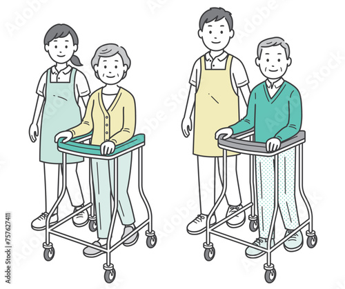 歩行器の高齢女性と高齢男性介助ををする人物イラスト