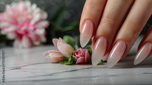 Beautiful female hands with beige nail design. Nail polish manicure.