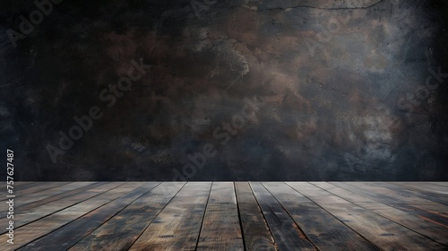 background for photo studio with brown wooden floor and black concrete backdrop. empty cement wall room studio background and floor perspective, well editing montage for product displayed.