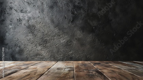background for photo studio with brown wooden floor and black concrete backdrop. empty cement wall room studio background and floor perspective, well editing montage for product displayed. photo