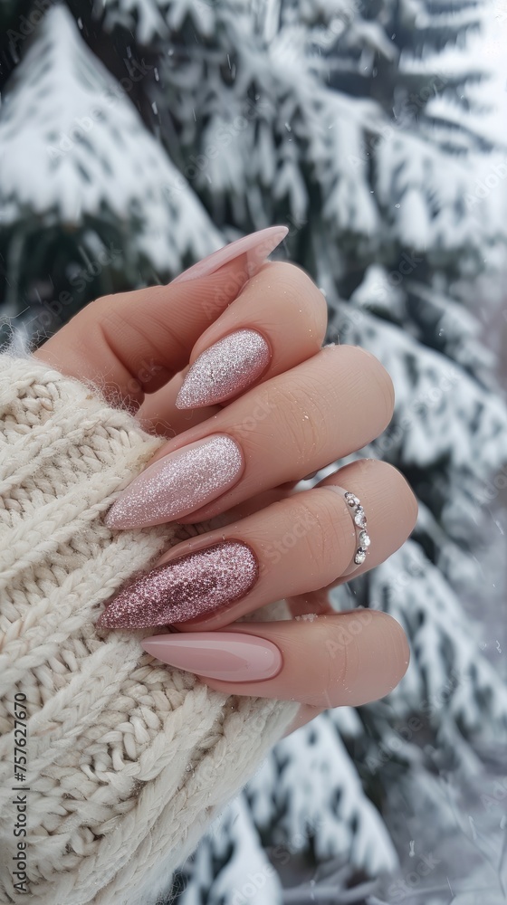 Female hand with glitter nail design. Glitter silver nail polish manicure. Woman hand with winter manicure. Female hand with glitter nail design. Glitter silver nail polish manicure. Woman hand with winter manicure.