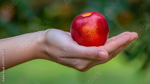 Fresh nectarine held in hand with selection on blurred background, copy space included