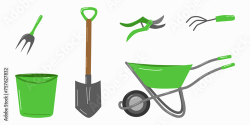 Garden tools and accessories set white background. Cart bucket shovel and sewing tool. For website gardeners store banner. Vector illustration.