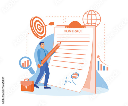 Businessman signs contract papers. Make a work agreement. Contract agreement concept. Flat vector illustration.