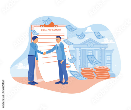 Businessman borrows money from the bank. The banker and businessman shake hands after signing the loan agreement. Approved Loan concept. Flat vector illustration.