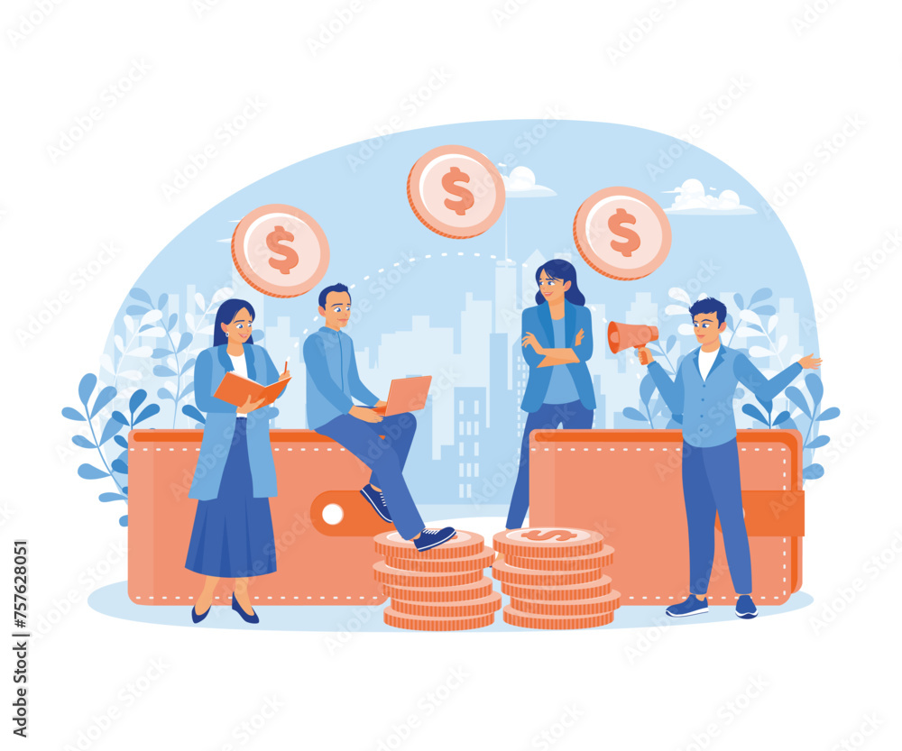 Big wallet with coins. People make financial transactions online. Financial transactions concept. Flat vector illustration.