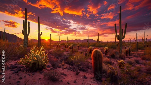 Saguaro Cactus at sunset in Saguaro National Park near Tucson, Arizona. photo