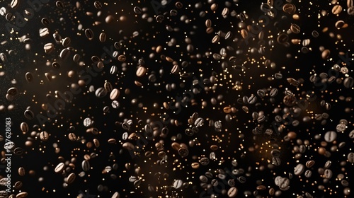 Dark background littered with falling coffee beans