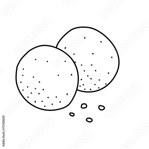 Two round shortbread cookies with crumbs, doodle style flat vector outline for coloring book
