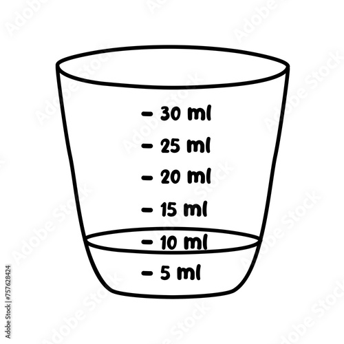 Medicine measuring cup with liquid medicine or syrup, doodle style vector outline for coloring book