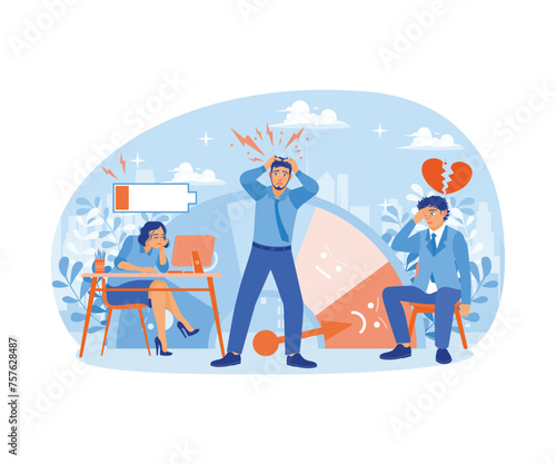 People who are tired of work and frustrated. Depression and mental disorders. Stress Levels concept. Flat vector illustration.