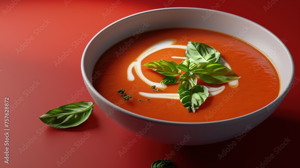 A bowl of creamy tomato soup garnished with basil leaves and a swirl of cream, served in a white bowl on a deep red background for a cozy comfort food vibe.