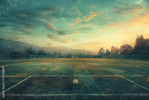 textured free soccer field in the evening light - center, midfield with the soccer ball
