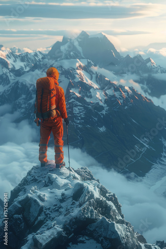 Mountaineer Standing on Summit Overlooking Majestic Snow-Capped Mountains at Dawn - Generative AI.