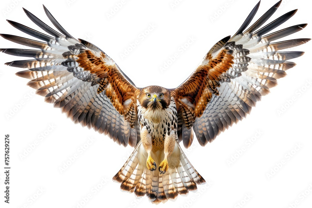 Naklejka premium King Hawk with its claws extended Hovering in front, isolated on white background
