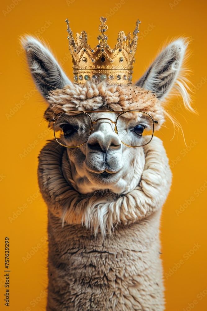 An alpaca wearing a gold crown and glasses poses strangely in a studio against a yellow backdrop. 