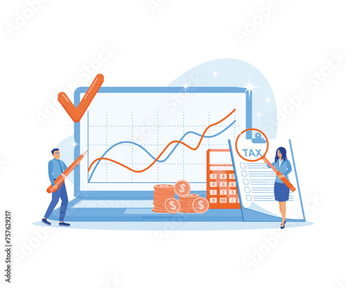 Accountants and financial advisors analyze corporate finances. Calculate income and taxes that must be paid. Tax Audit concept. Flat vector illustration.