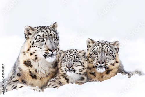 Stunning photo of a snow leopard family isolated on white background. 