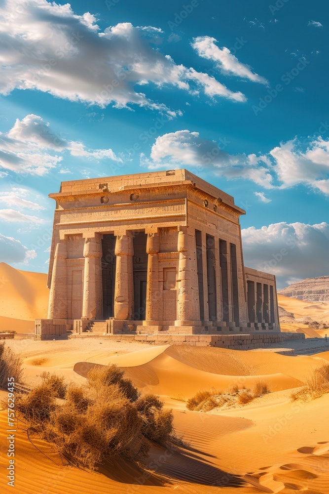 An ancient temple surrounded by sand dunes as far as the eye can see.