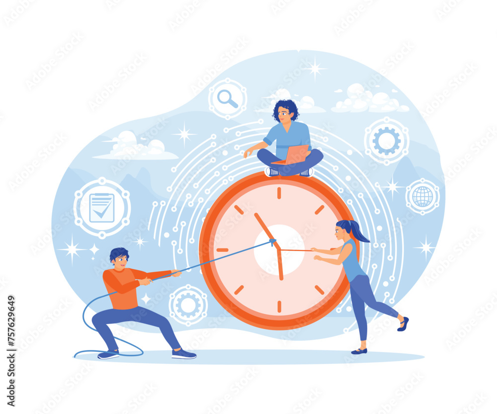 People get work done on time. Man pulls clock hand to increase deadline. Time Management concept. Flat vector illustration.