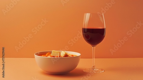 A bowl of creamy tomato soup with croutons and a glass of red wine, captured against a solid orange background for a comforting and cozy food shot.