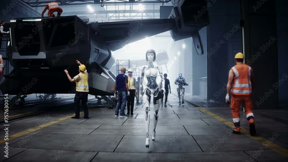 Robot walking. Production of military futuristic ship at the factory. Future concept. Realistic 4k animation. Robot walking. Production of military futuristic ship at the factory. Future concept. Realistic 4k animation.