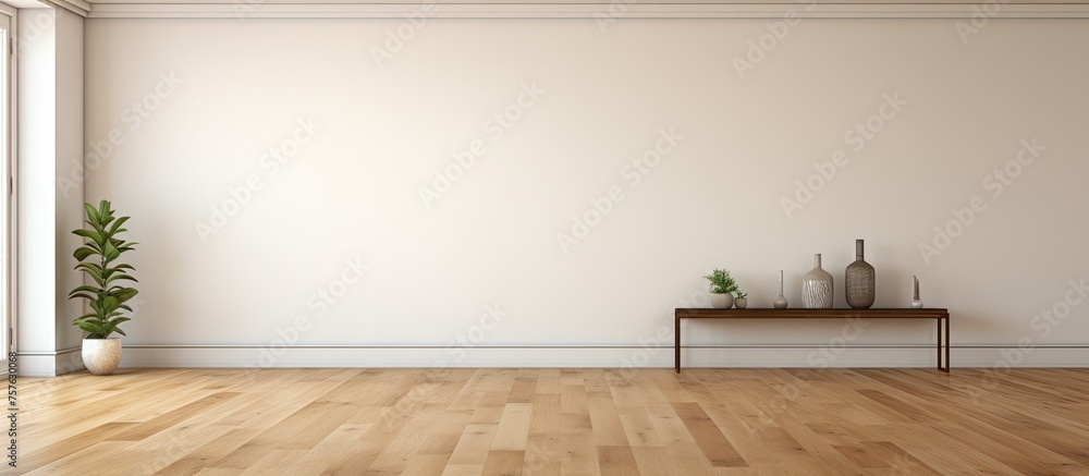 A wooden table in the middle of the room displays a variety of vases. The hardwood floor complements the landscape with its laminate flooring A wooden table in the middle of the room displays a variety of vases. The hardwood floor complements the landscape with its laminate flooring