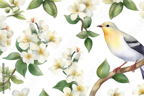 bird Watercolor vector Jasmine isolated seamless white flowers pattern background