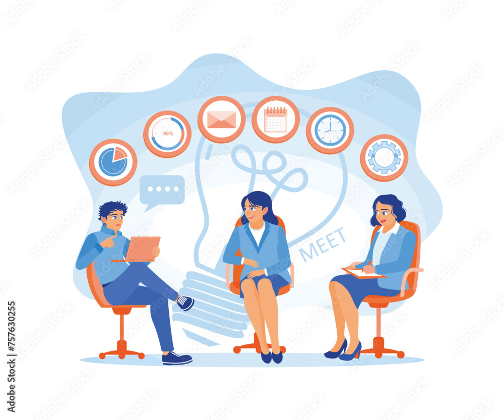 Meeting between manager and business team. Create a task application plan to achieve marketing targets. Business Meeting concept. Flat vector illustration.