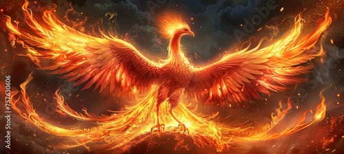 Majestic flaming phoenix firebird in fiery darkness, sparks and flames, ample text space photo