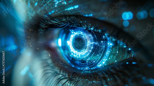 Closeup of a human eye with virtual hologram elements for surveillance