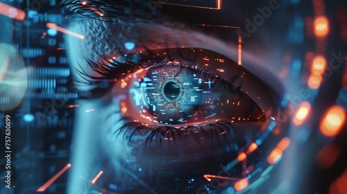 Closeup of a human eye with virtual hologram elements for surveillance
