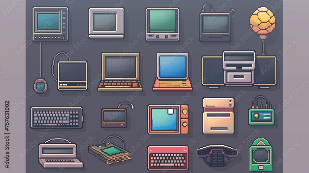 (20) (5) Pixelated tech items, computers and monitors with retro-style pixels. (20) (5) Pixelated tech items, computers and monitors with retro-style pixels.