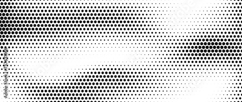 Hexagon halftone gradient texture. Abstract black hex grunge background. Geometric retro halftone tech wallpaper. Fading wavy hexagonal pattern backdrop. Vector vanishing honeycomb grunge overlay photo