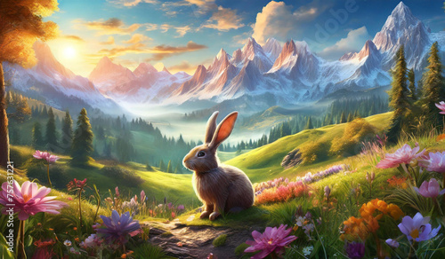 cute easter bunny rabbit and egg in hill with green fields and colorful flower on a bright day 