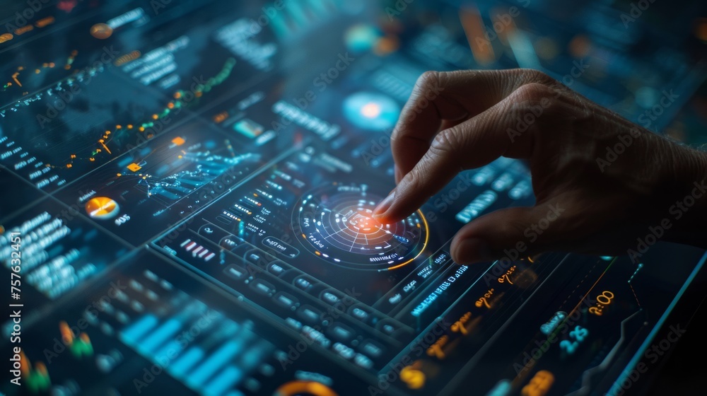 User interacts with advanced technological interface. User interacts with advanced technological interface.
