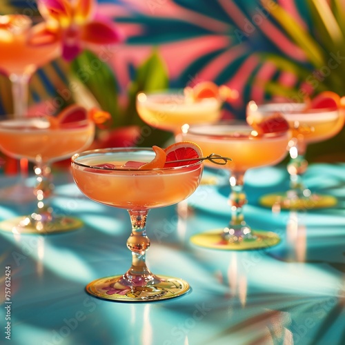 A table filled with multiple exotic cocktails. photo