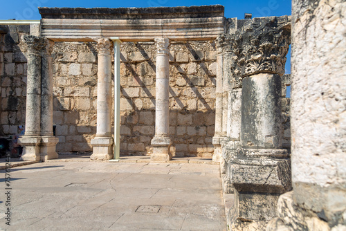 Dramatic image of the synagogue ruins in Capharnaum, Israel. Hometown of Jesus.
