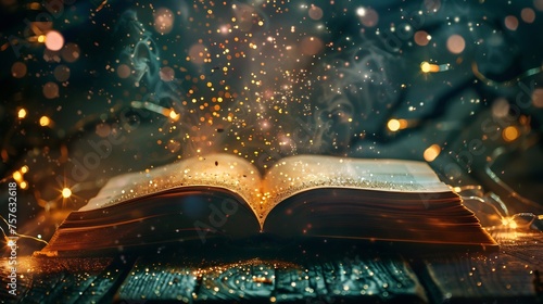 An open book with glittering fairy lights, creating an enchanting and magical atmosphere