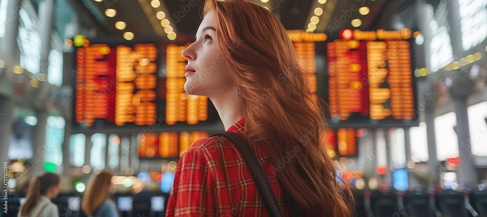 Stylish businesswoman in futuristic airport with elegant luggage and modern architecture