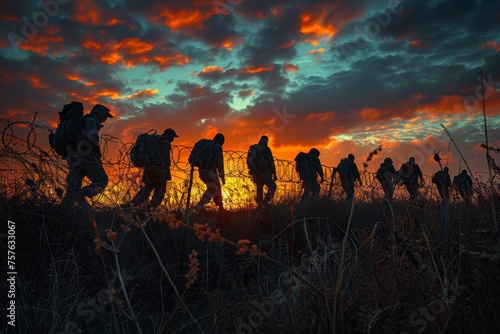 Sunset border scene: silhouette of illegal immigrants walking by barbed wire fence. photo