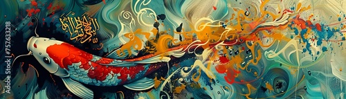 Blend the elegance of Arabic calligraphy with the vibrant colors of koi fish in a stunning composition