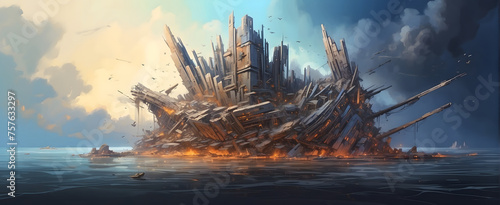 A brooding seascape with shards of technology surfacing as if a sunken city is rising, symbolizing rebirth