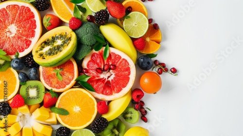 Colorful fruit platter on white surface for health and nutrition ads with ample text space