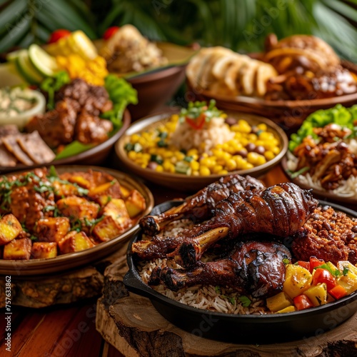 A lavish spread of various BBQ dishes and foods showcasing a feast of different food from different cultures.