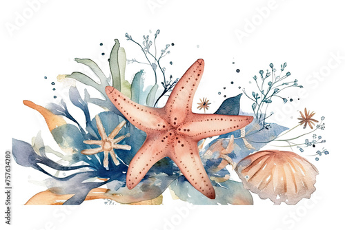 illustration starfish Watercolor floral bouquet hand underwater drawn